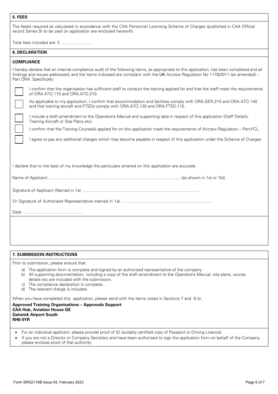 Form SRG2116B Application for Change of Site and / or Change to Training Course Approvals for Approved Training Organisations Under the UK Aircrew Regulation (Eu) No 1178 / 2011 (As Amended) Annex VII - Part Ora (Aeroplanes and Helicopters) - United Kingdom, Page 6