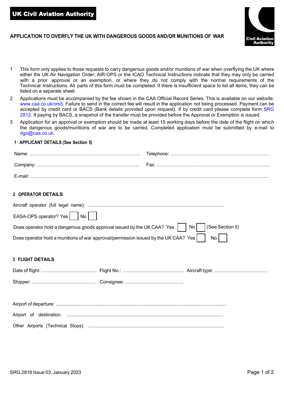 Form SRG2816 Application to Overfly the UK With Dangerous Goods and / or Munitions of War - United Kingdom, Page 1