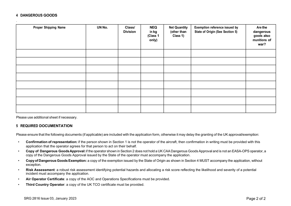 Form SRG2816 Application to Overfly the UK With Dangerous Goods and / or Munitions of War - United Kingdom, Page 2