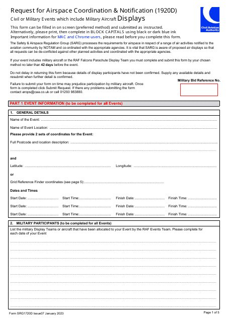 Form SRG1720D Request for Airspace Coordination & Notification (1920d) - United Kingdom