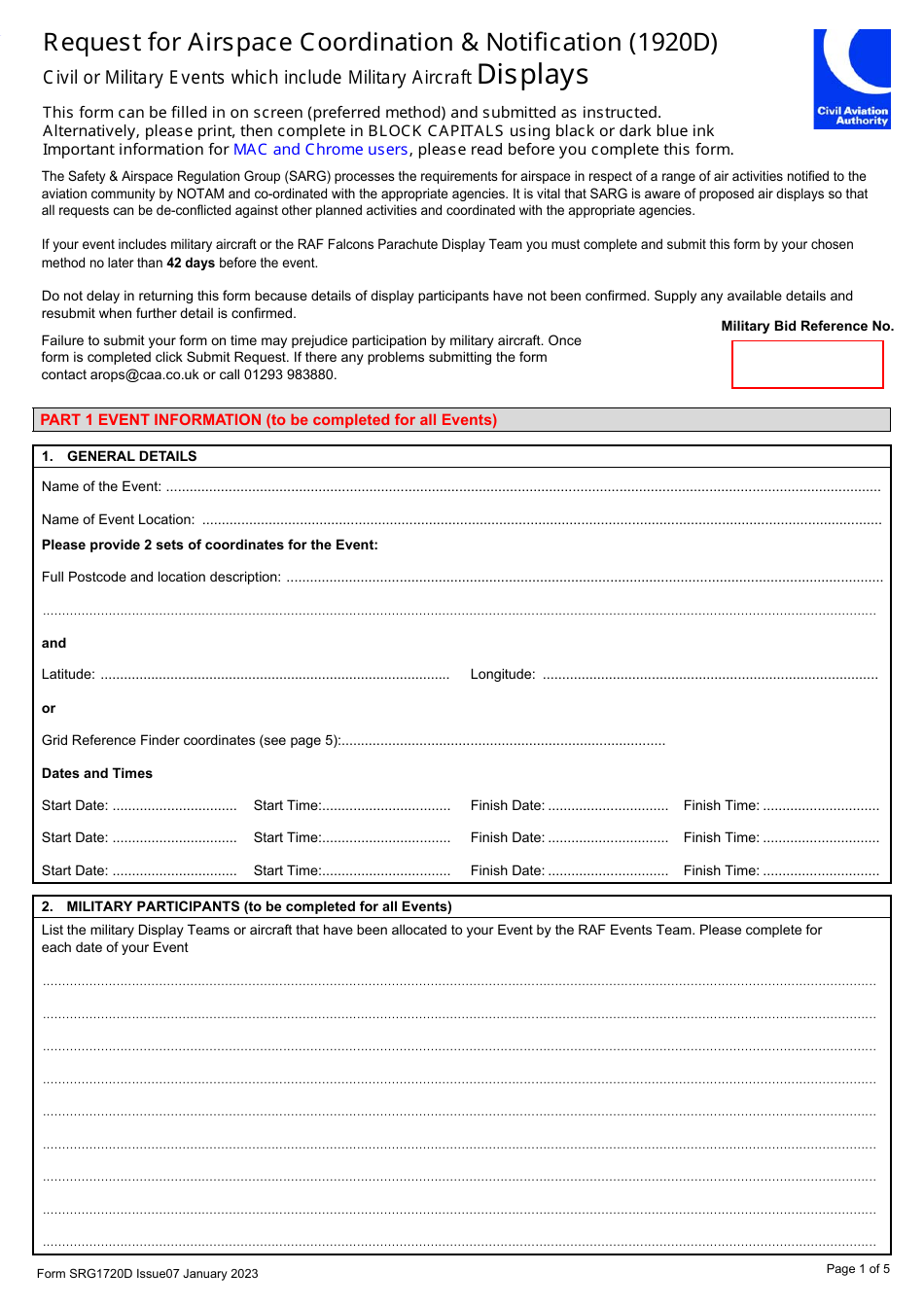 Form SRG1720D Request for Airspace Coordination  Notification (1920d) - United Kingdom, Page 1