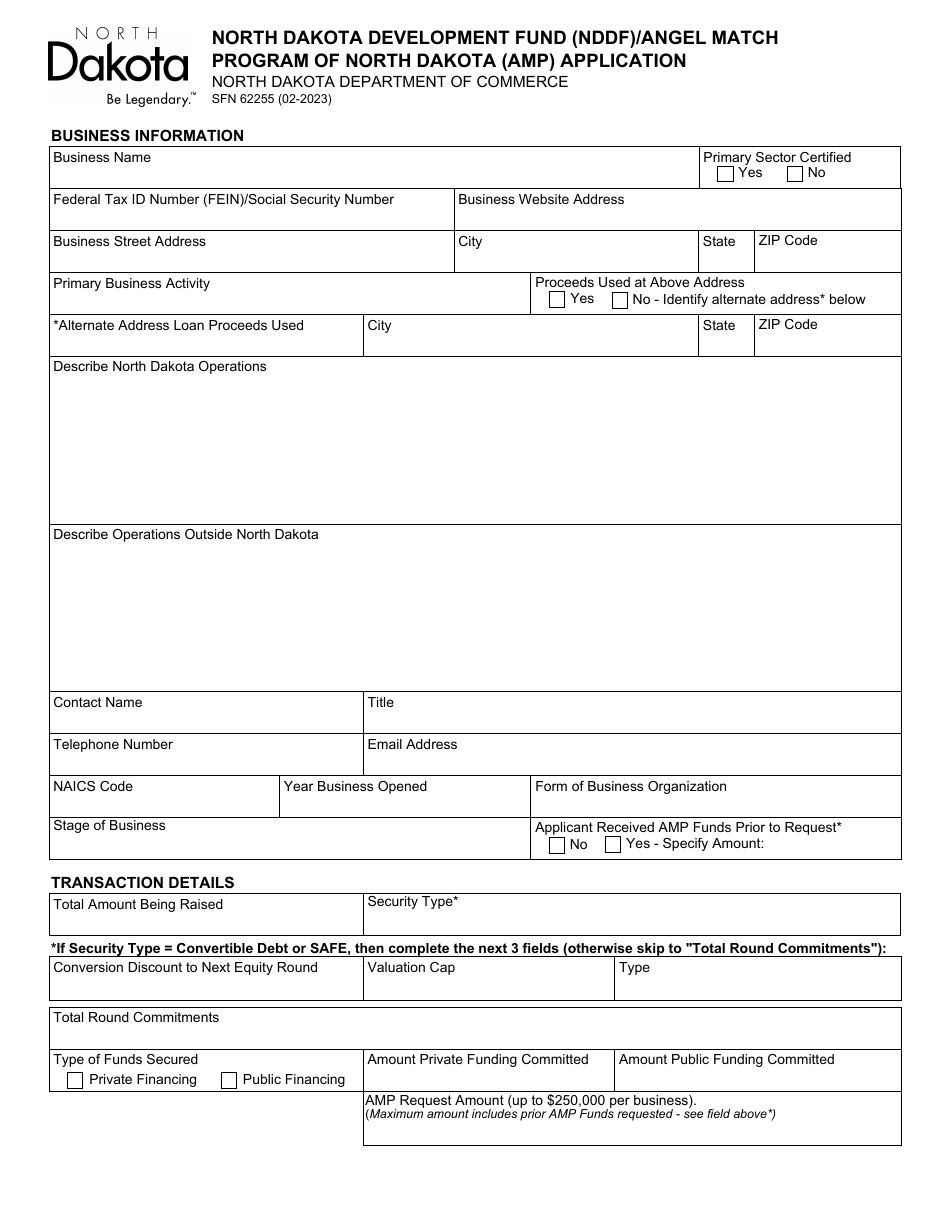 Form SFN62255 North Dakota Development Fund (Nddf) / Angel Match Program of North Dakota (Amp) Application - North Dakota, Page 1