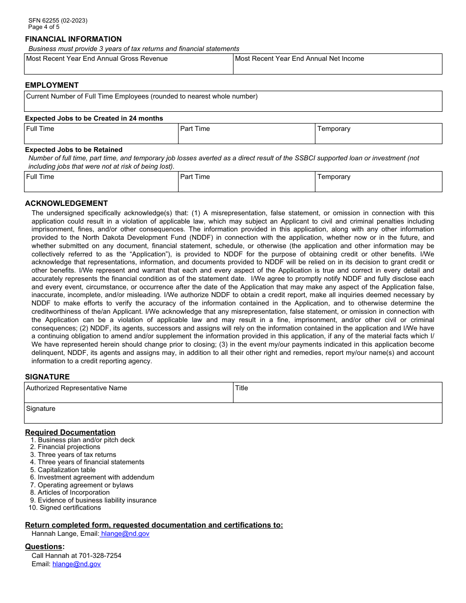 Form SFN62255 North Dakota Development Fund (Nddf) / Angel Match Program of North Dakota (Amp) Application - North Dakota, Page 4