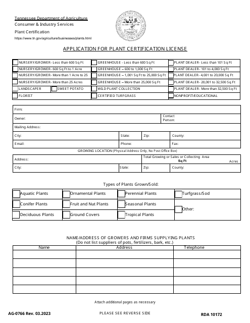 Form AG-0766 Application for Plant Certification License - Tennessee