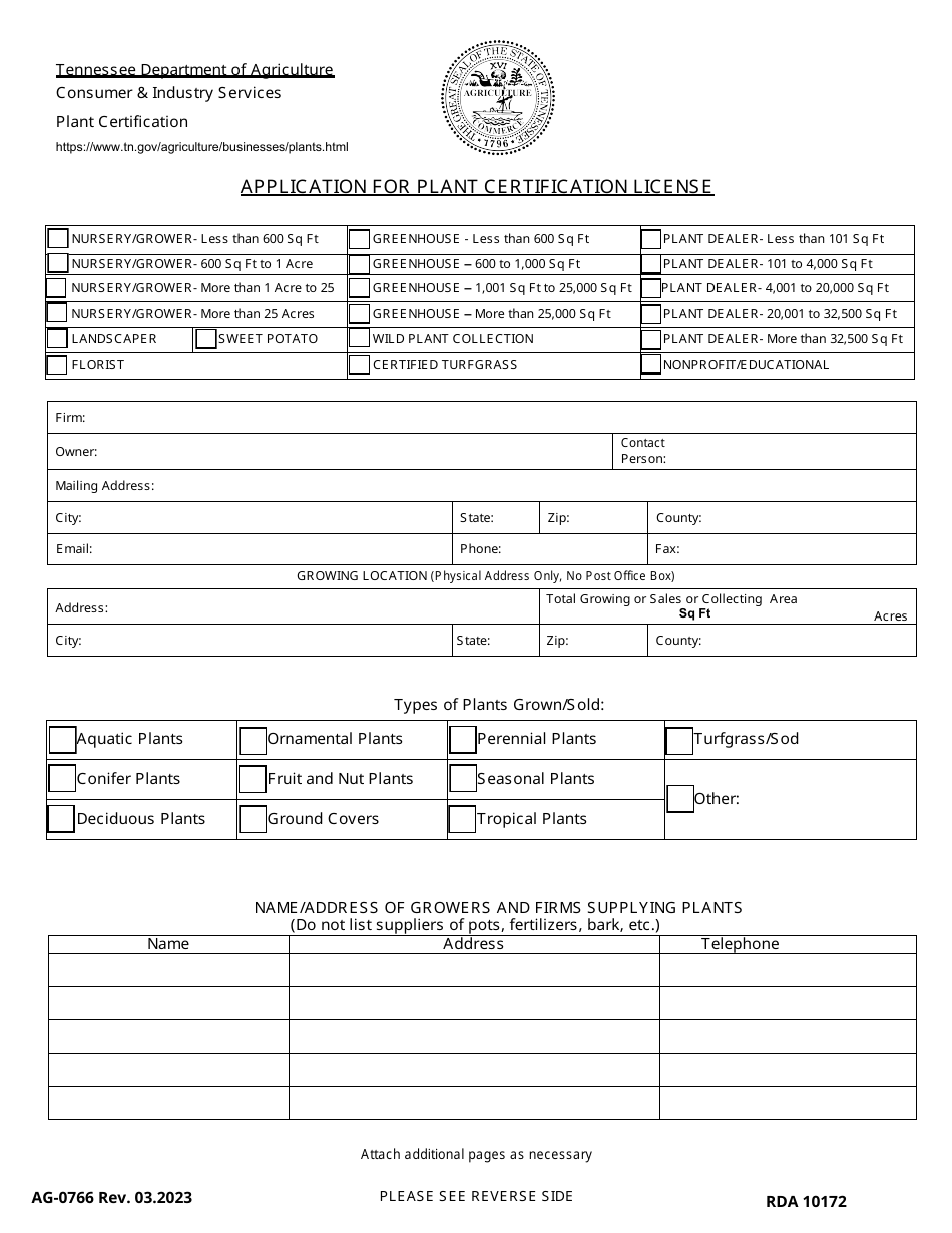 Form AG-0766 Application for Plant Certification License - Tennessee, Page 1