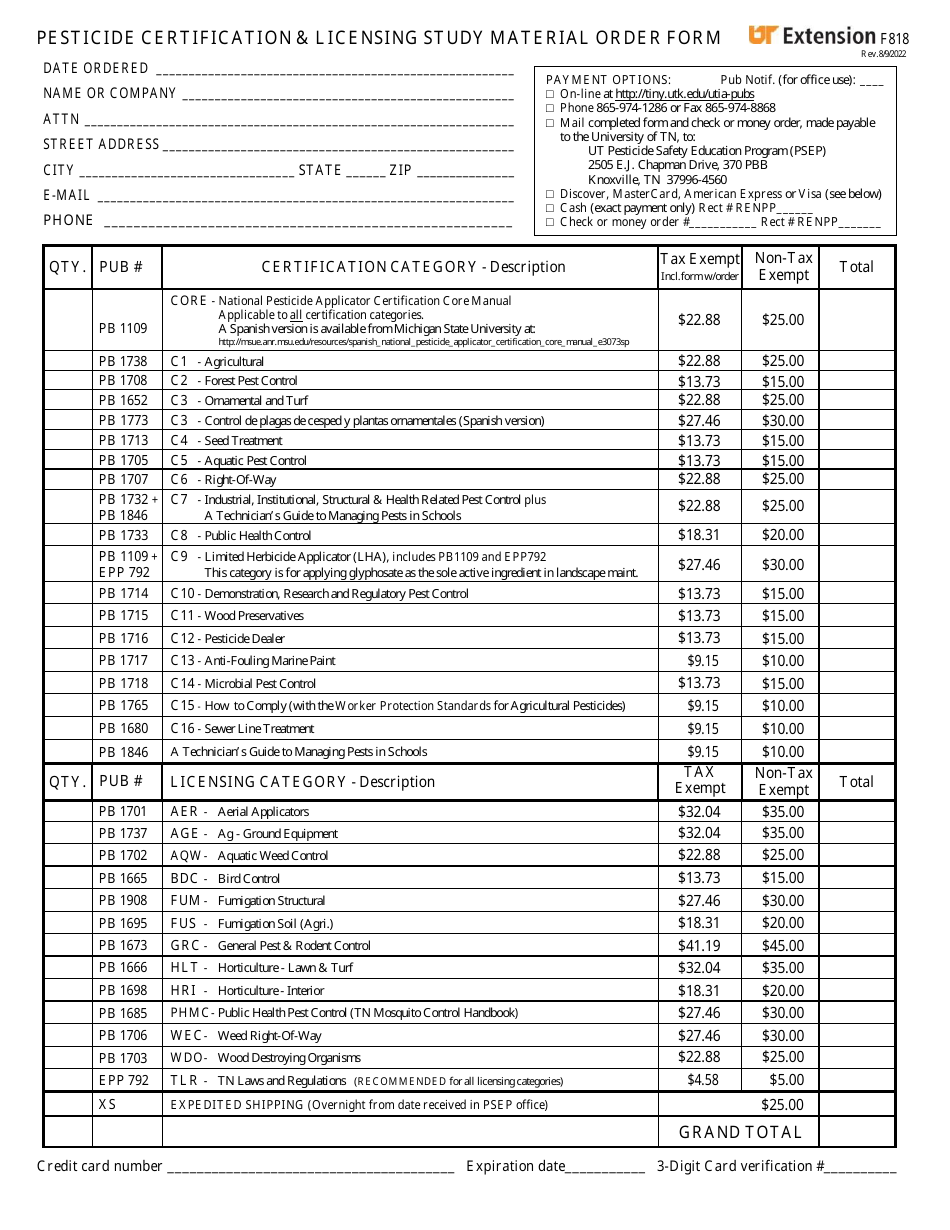 Form F818 Pesticide Certification  Licensing Study Material Order Form - Tennessee, Page 1