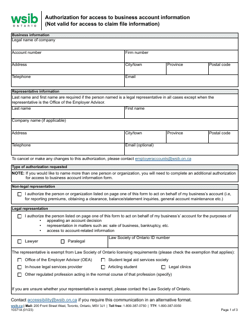 Form 10371A Authorization for Access to Business Account Information - Ontario, Canada