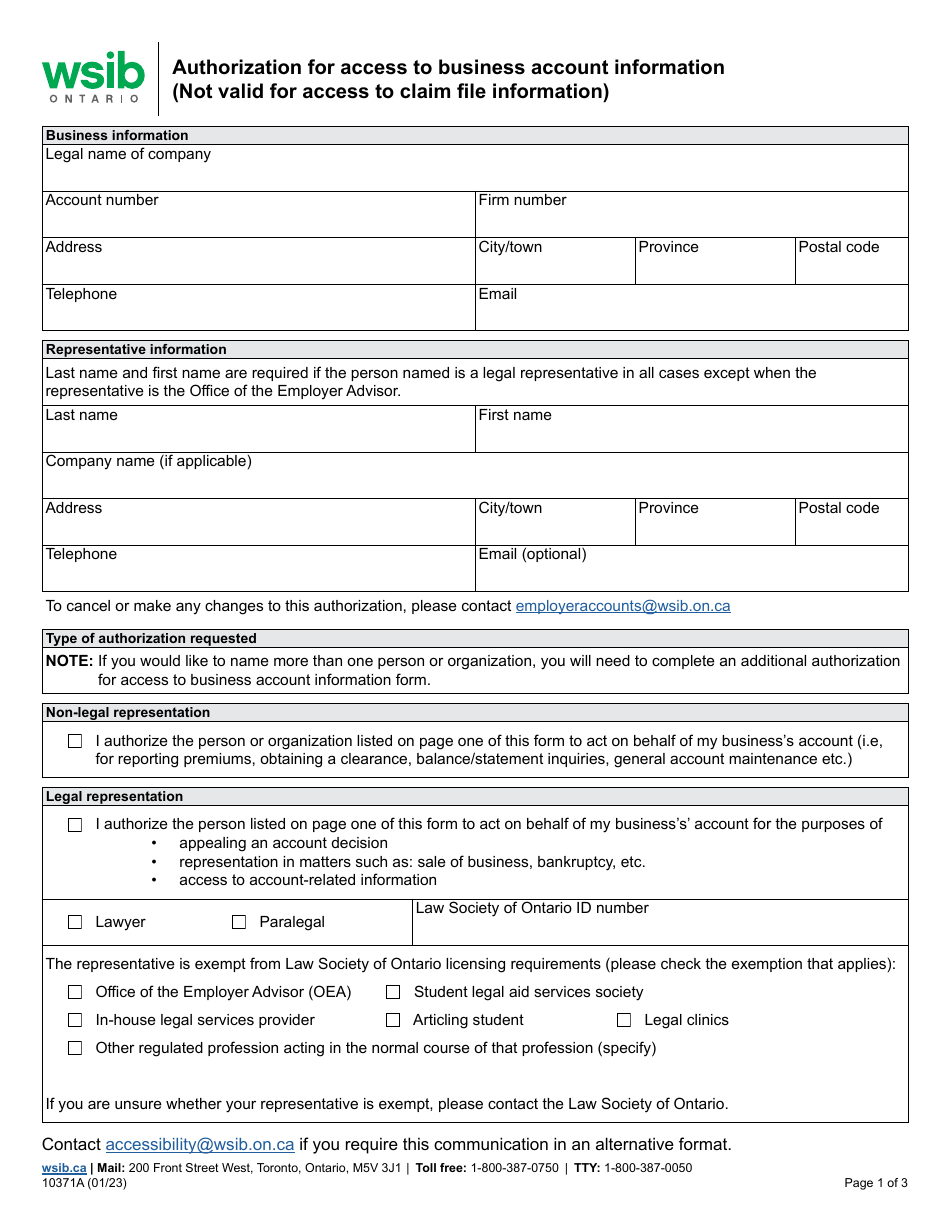 Form 10371A Authorization for Access to Business Account Information - Ontario, Canada, Page 1