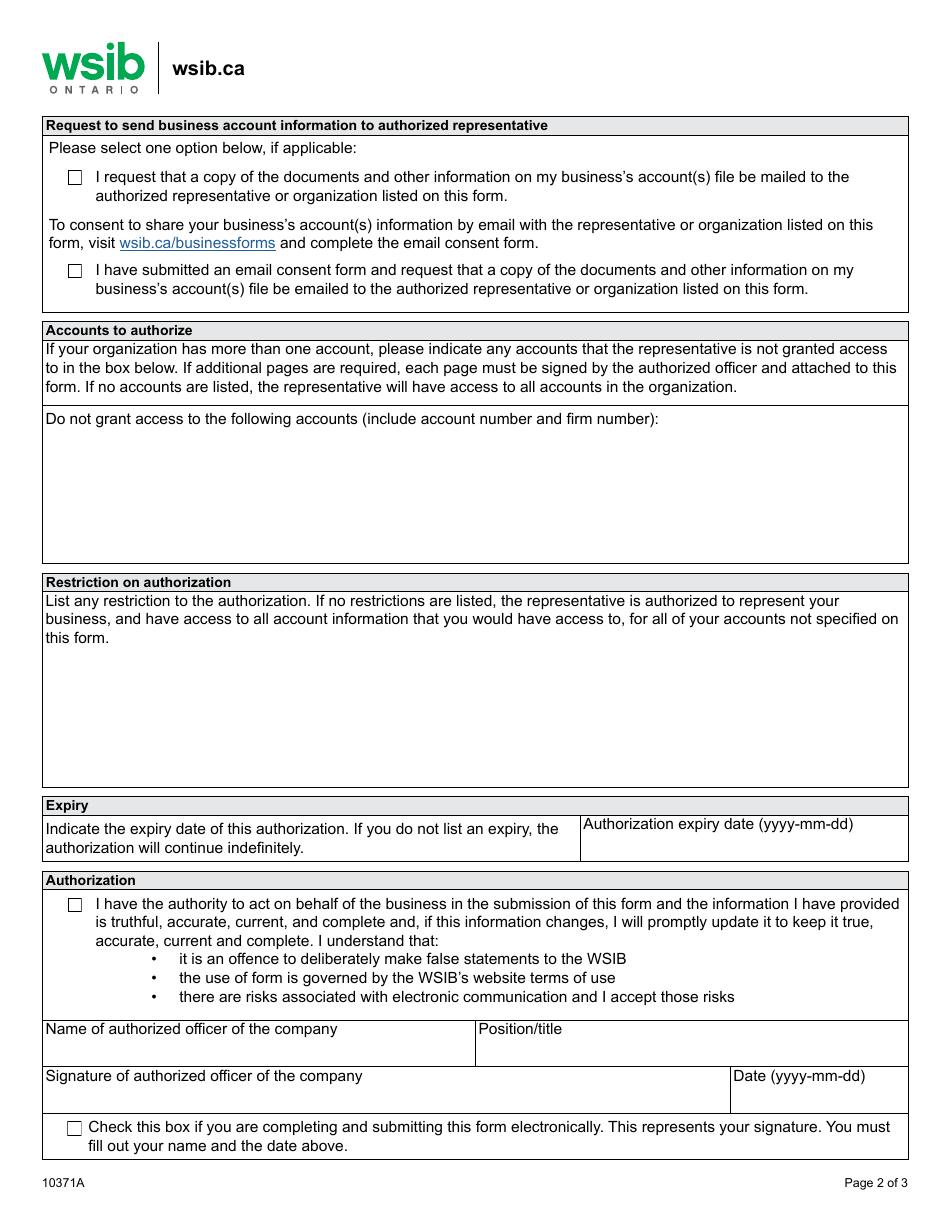 Form 10371A Authorization for Access to Business Account Information - Ontario, Canada, Page 2