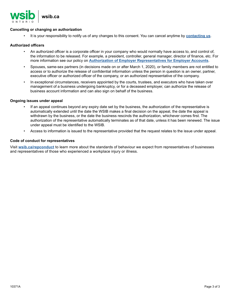 Form 10371A Authorization for Access to Business Account Information - Ontario, Canada, Page 3