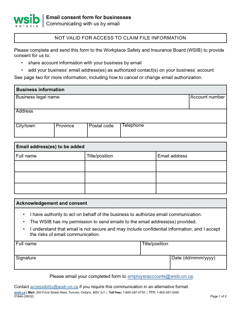 Form 0184A Email Consent Form for Businesses - Ontario, Canada