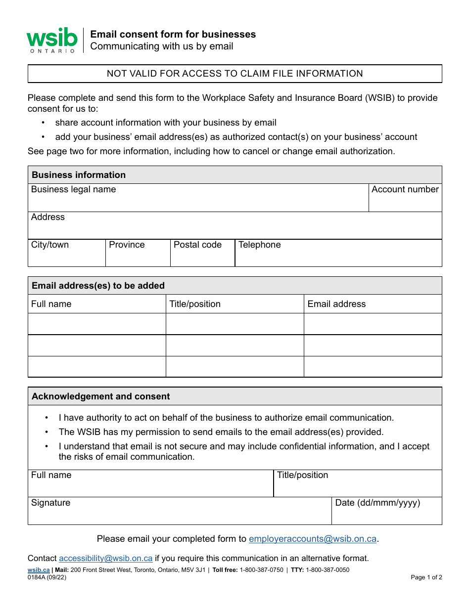 Form 0184A Email Consent Form for Businesses - Ontario, Canada, Page 1