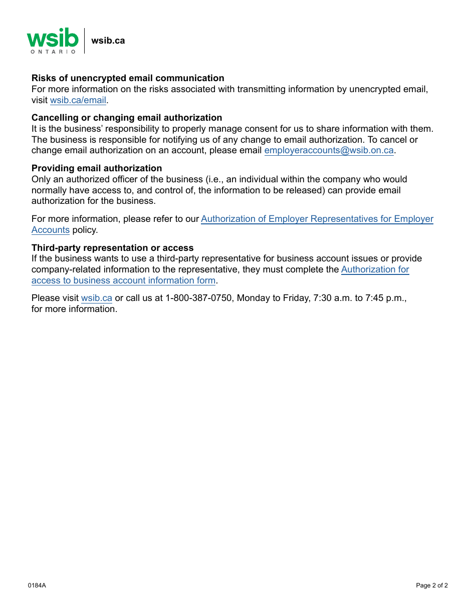 Form 0184A Email Consent Form for Businesses - Ontario, Canada, Page 2