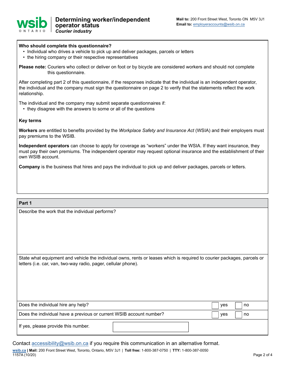 Form 1157A Determining Worker / Independent Operator Status Questionnaire - Courier Industry - Ontario, Canada, Page 2