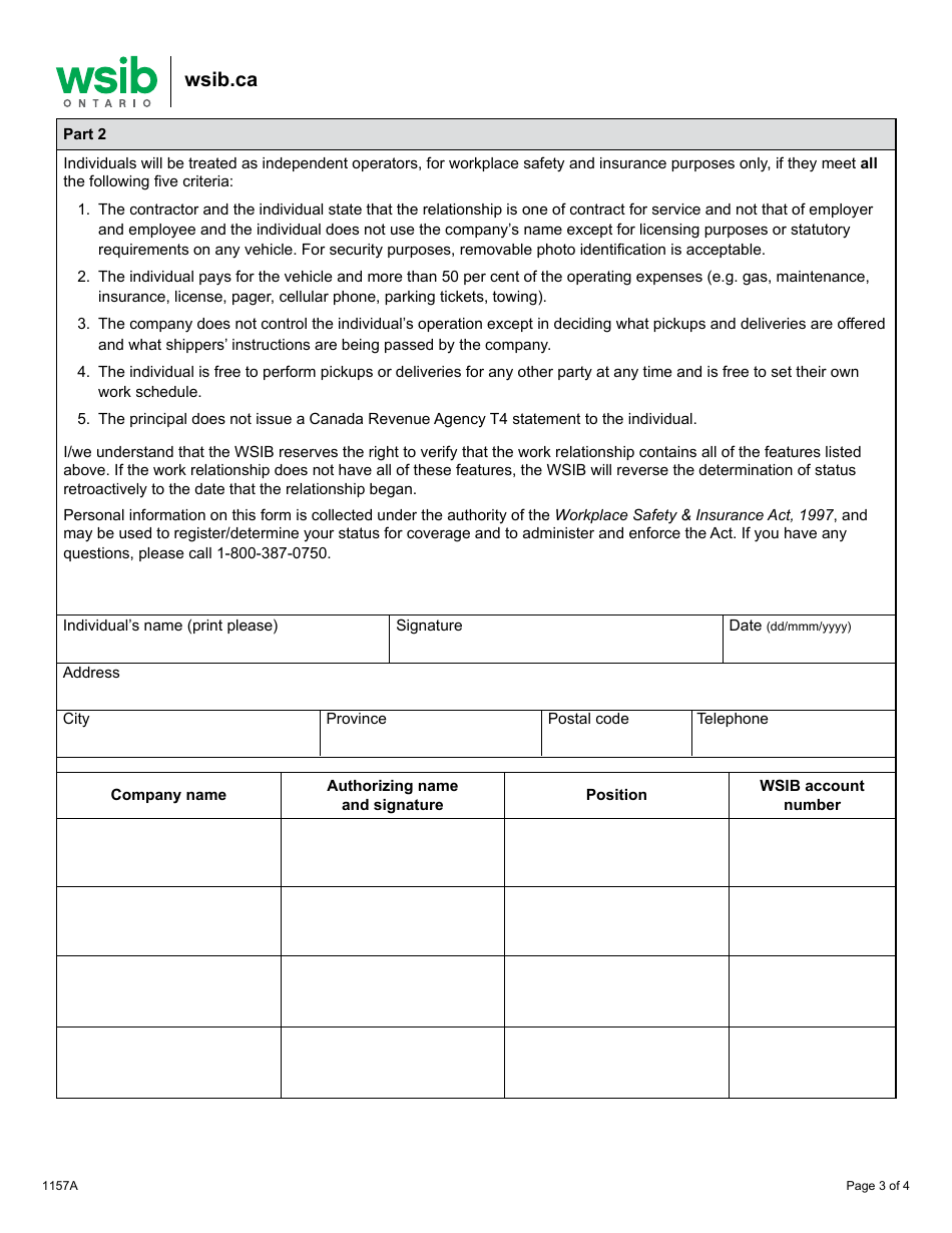 Form 1157A Determining Worker / Independent Operator Status Questionnaire - Courier Industry - Ontario, Canada, Page 3