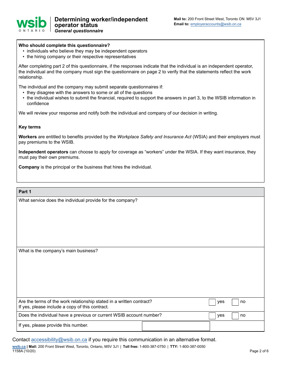 Form 1158A Determining Worker / Independent Operator Status General Questionnaire - Ontario, Canada, Page 2