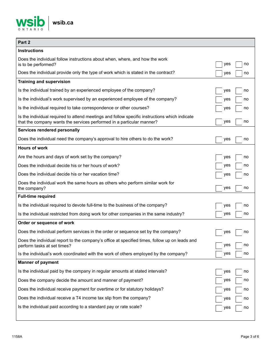 Form 1158A Determining Worker / Independent Operator Status General Questionnaire - Ontario, Canada, Page 3