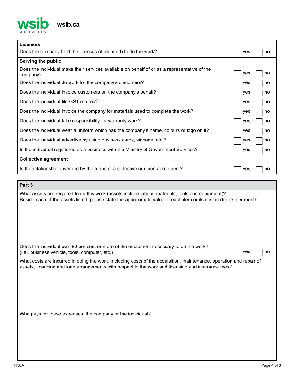 Form 1158A Determining Worker / Independent Operator Status General Questionnaire - Ontario, Canada, Page 4
