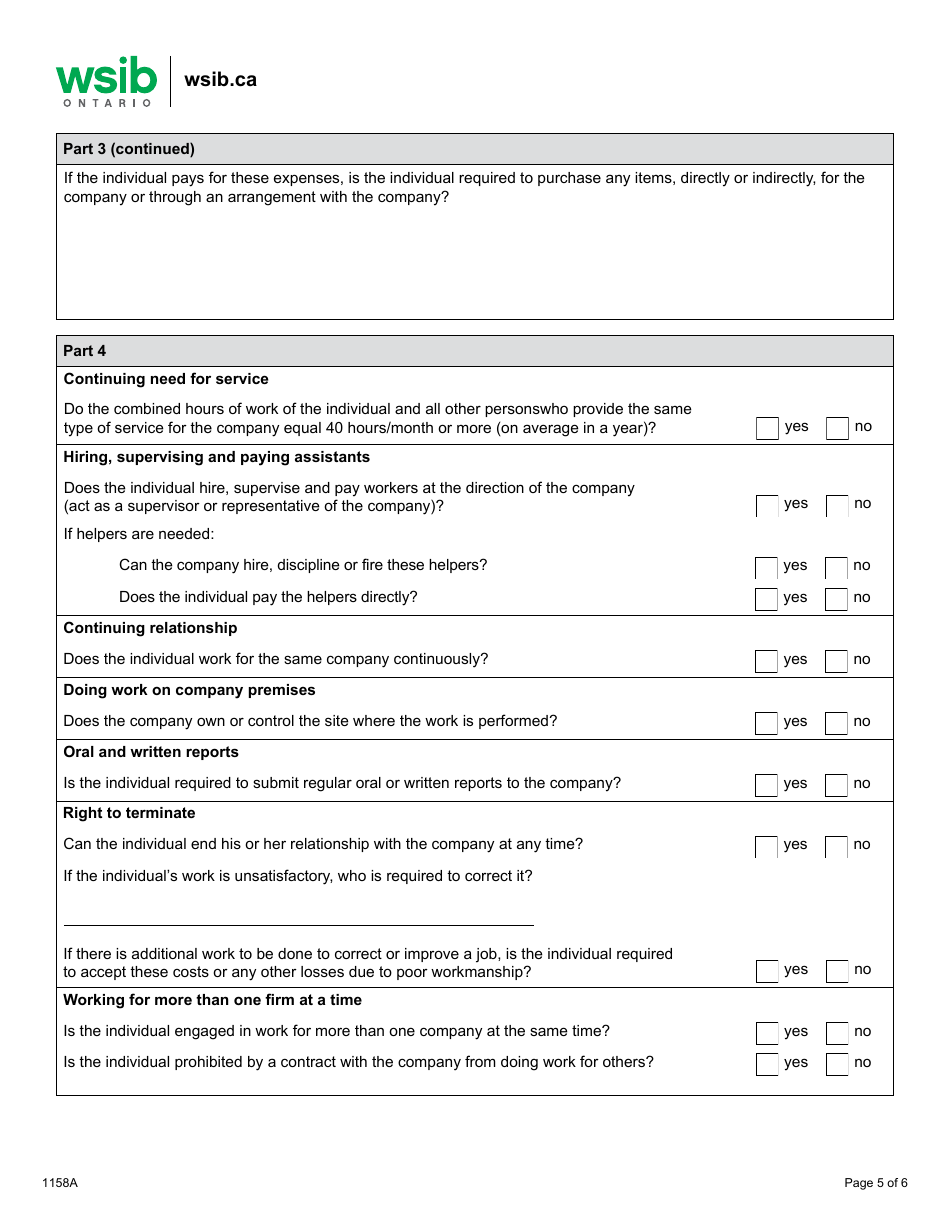 Form 1158A Determining Worker / Independent Operator Status General Questionnaire - Ontario, Canada, Page 5