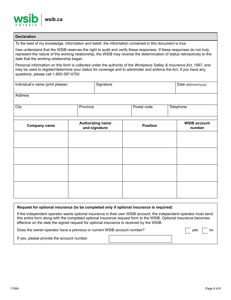 Form 1158A Determining Worker / Independent Operator Status General Questionnaire - Ontario, Canada, Page 6