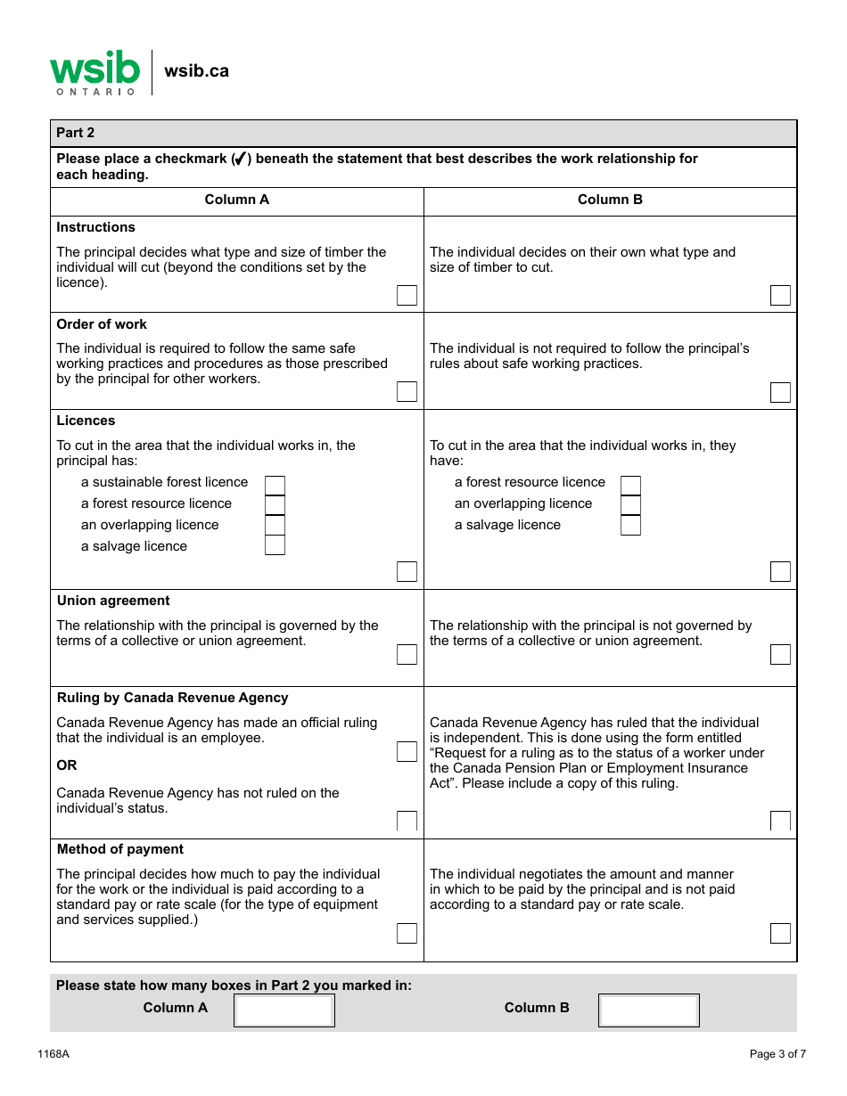 Form 1168A Determining Worker / Independent Operator Status Questionnaire - Logging Industry - Ontario, Canada, Page 3