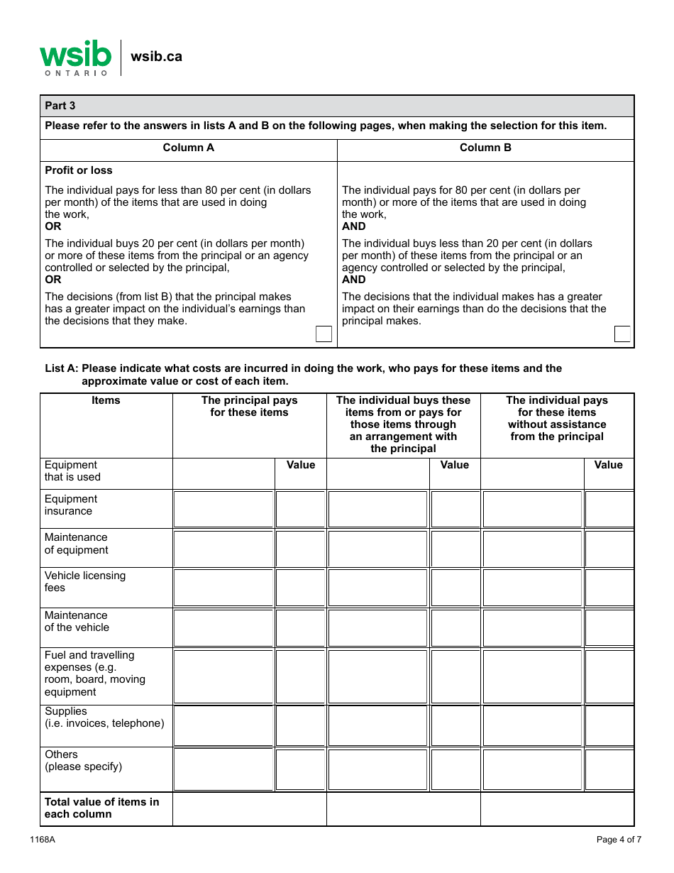 Form 1168A Determining Worker / Independent Operator Status Questionnaire - Logging Industry - Ontario, Canada, Page 4