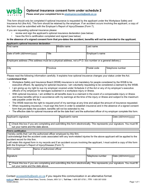 Form 1034A Optional Insurance Consent Form Under Schedule 2 - Ontario, Canada