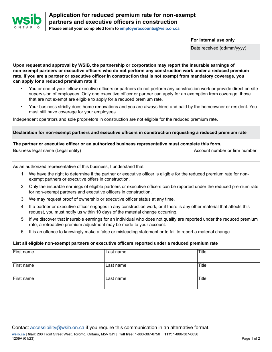 Form 1209A Application for Reduced Premium Rate for Non-exempt Partners and Executive Officers in Construction - Ontario, Canada, Page 1