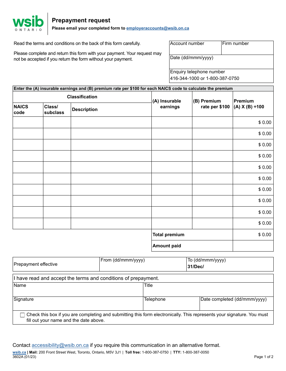 Form 3602A Prepayment Request - Ontario, Canada, Page 1