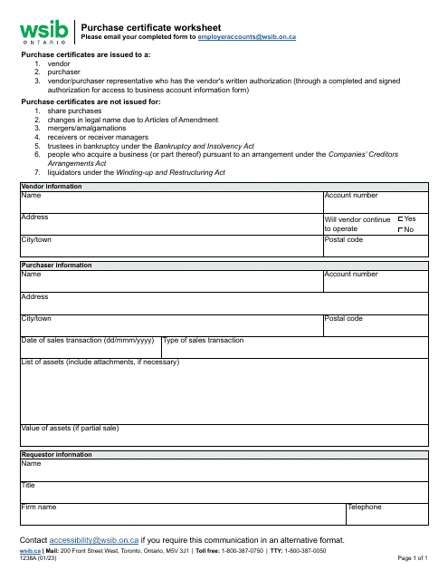 Form 1238A Purchase Certificate Worksheet - Ontario, Canada