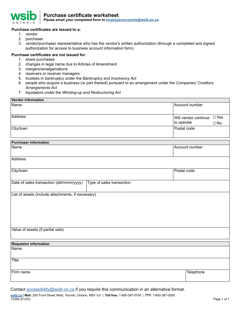 Form 1238A Download Fillable PDF or Fill Online Purchase Certificate ...