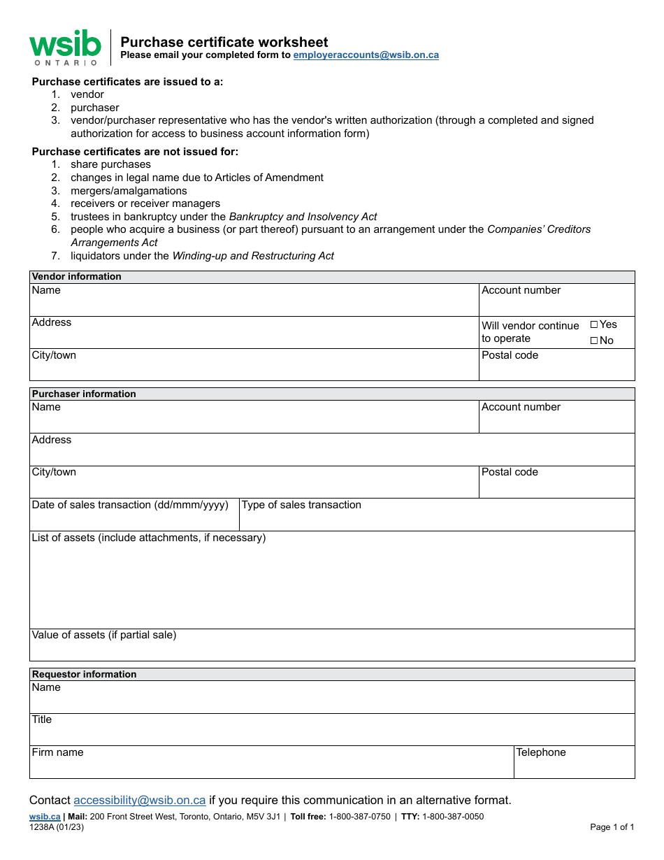 Form 1238A Purchase Certificate Worksheet - Ontario, Canada, Page 1
