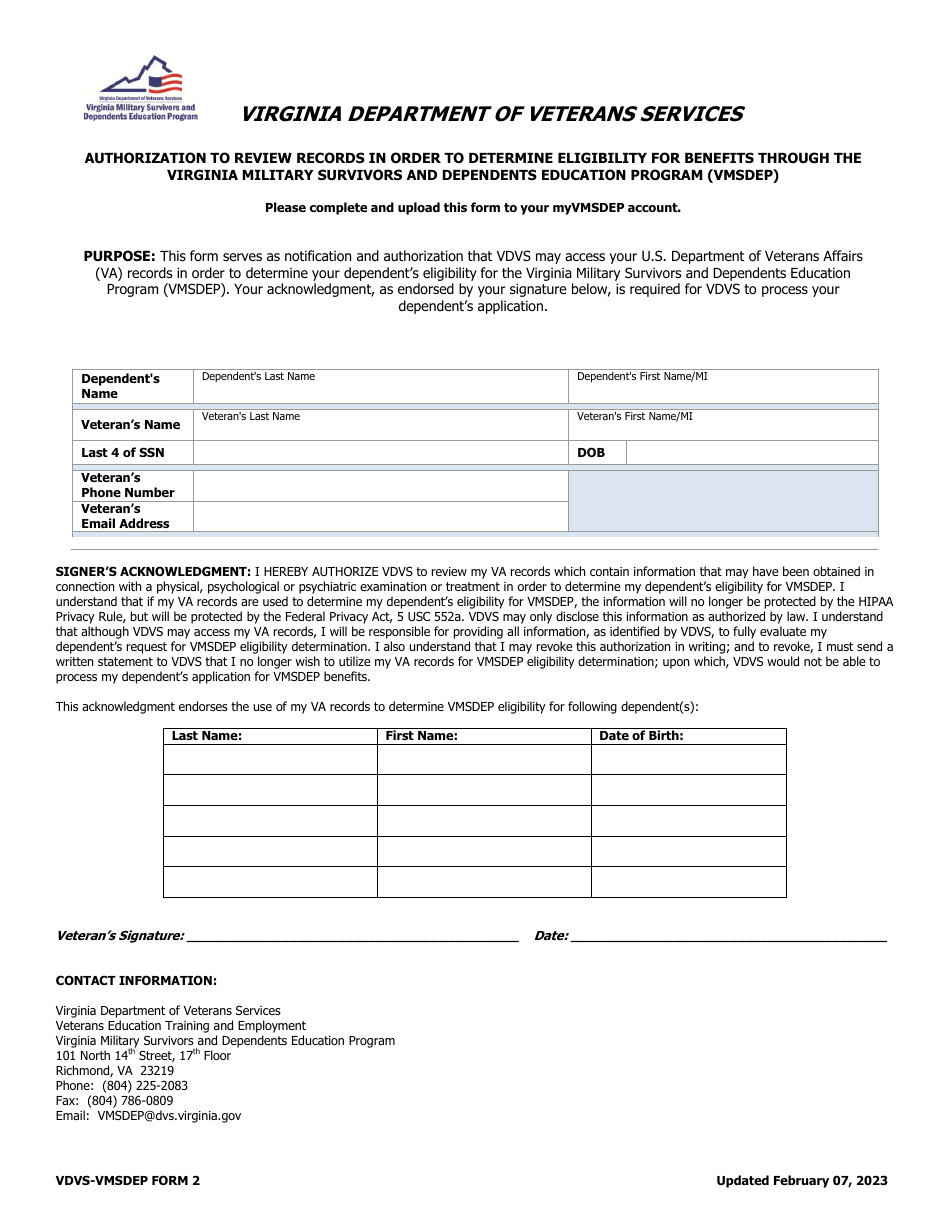 VDVS-VMSDEP Form 2 Authorizaion to Review Records in Order to Determine Eligibility for Benefits Through the Virginia Military Survivors and Dependents Program (Vmsdep) - Virginia, Page 1