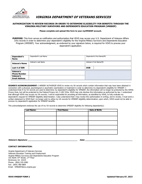 VDVS-VMSDEP Form 2 Authorizaion to Review Records in Order to Determine Eligibility for Benefits Through the Virginia Military Survivors and Dependents Program (Vmsdep) - Virginia