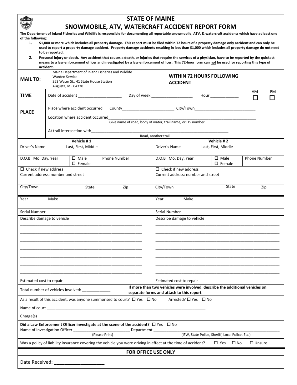 Snowmobile, Atv, Watercraft Accident Report Form - Maine, Page 1