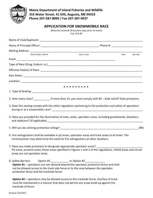 Application for Snowmobile Race - Maine Download Pdf