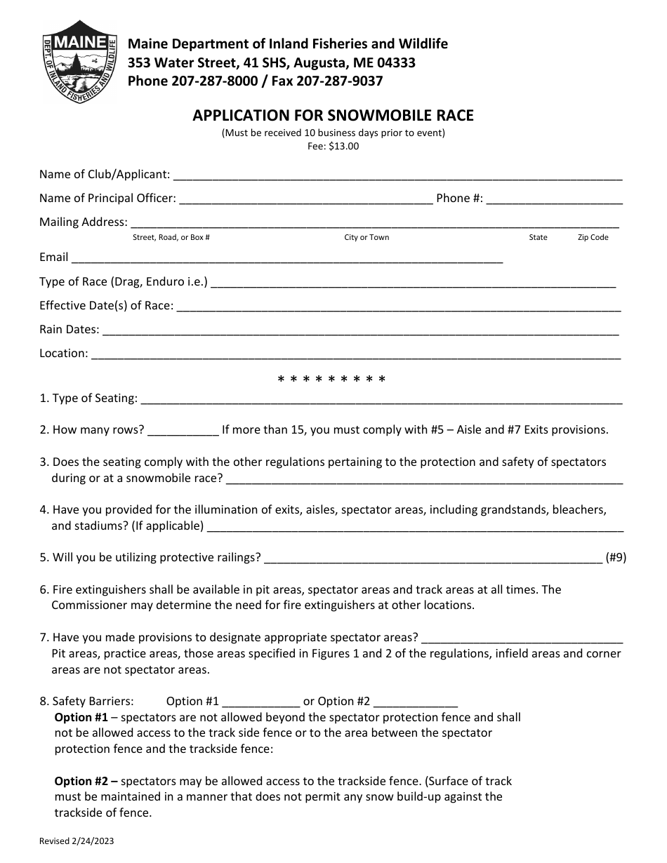 Application for Snowmobile Race - Maine, Page 1