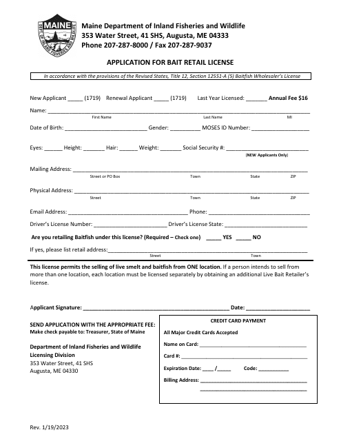 Application for Bait Retail License - Maine