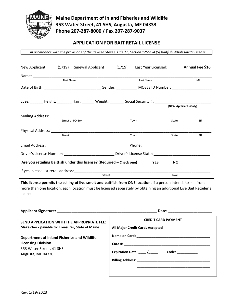 Application for Bait Retail License - Maine, Page 1