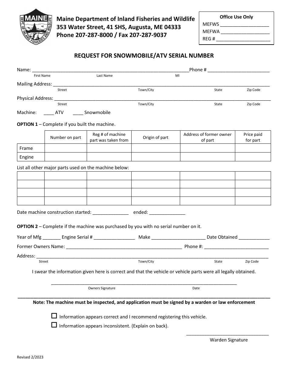 Request for Snowmobile / Atv Serial Number - Maine, Page 1