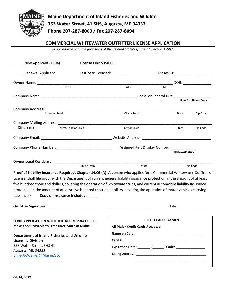Commercial Whitewater Outfitter License Application - Maine, Page 1