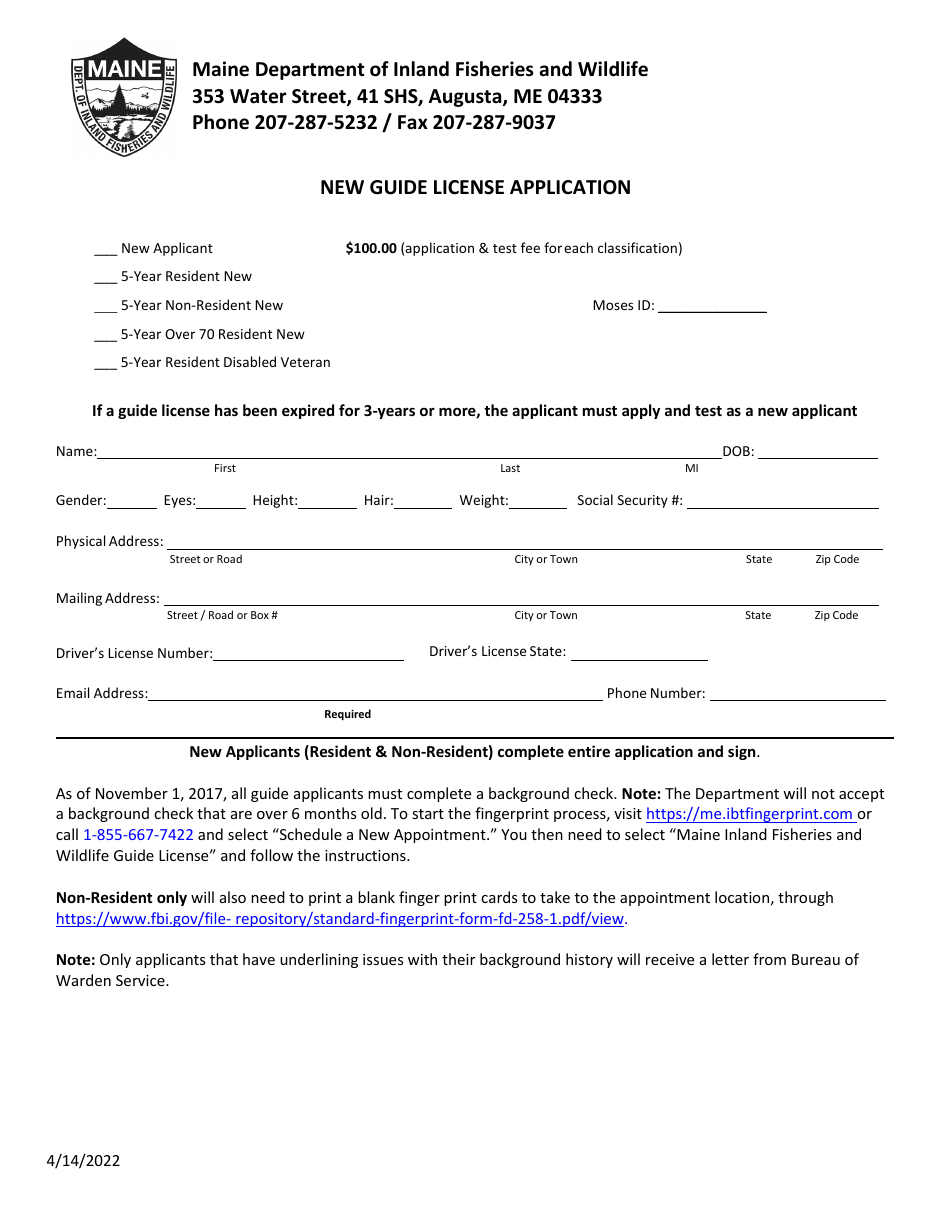 New Guide License Application - Maine, Page 1