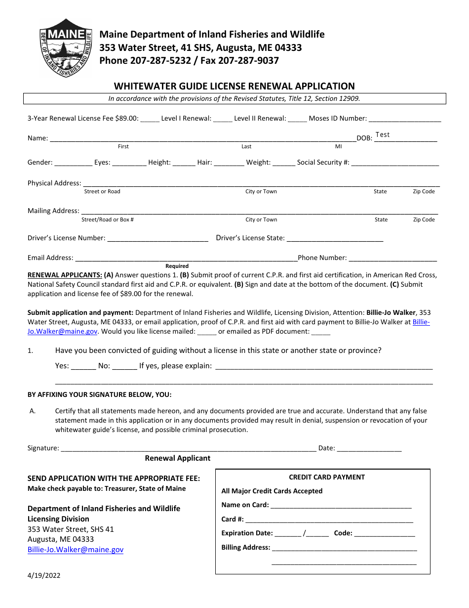 Whitewater Guide License Renewal Application - Maine, Page 1