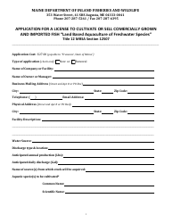 Document preview: Application for a License to Cultivate or Sell Comercially Grown and Imported Fish - Maine