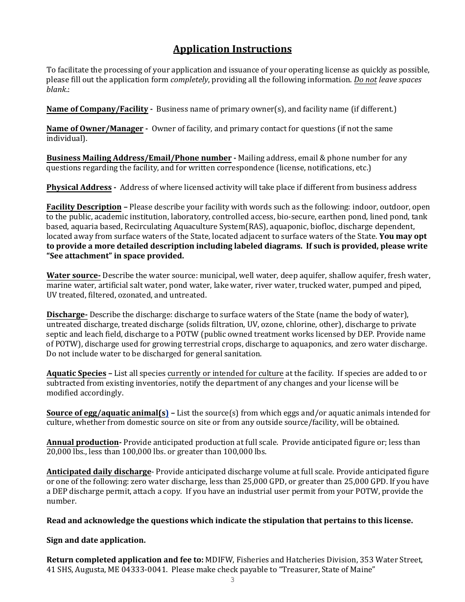 Application for a License to Cultivate or Sell Comercially Grown and Imported Fish - Maine, Page 3