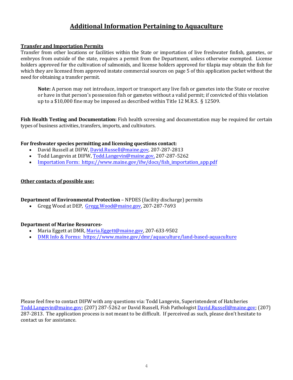 Application for a License to Cultivate or Sell Comercially Grown and Imported Fish - Maine, Page 4
