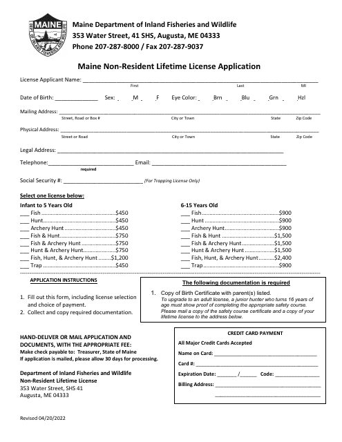 Maine Non-resident Lifetime License Application - Maine