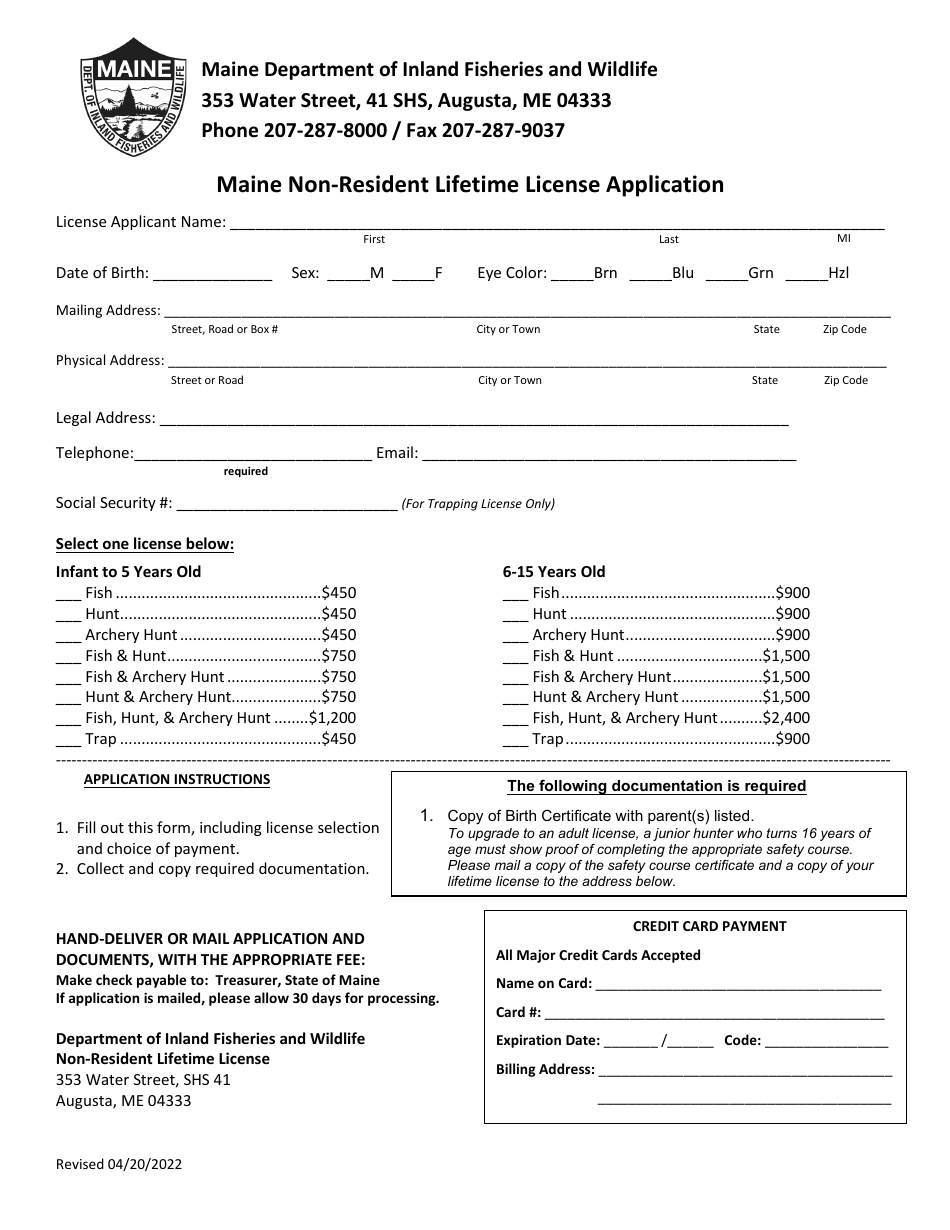 Maine Non-resident Lifetime License Application - Maine, Page 1