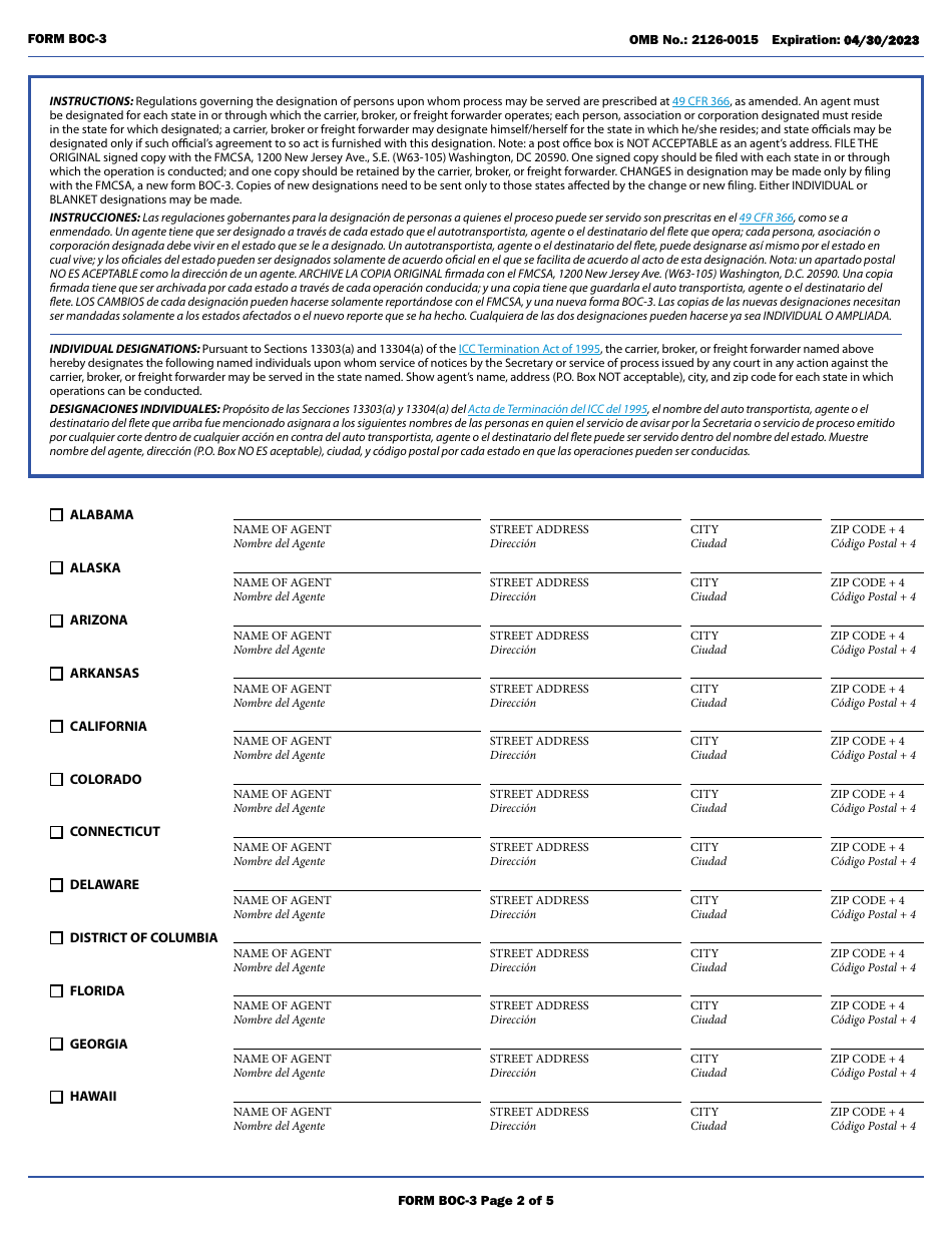 Form BOC-3 Designation of Agents for Service of Process (English / Spanish), Page 2