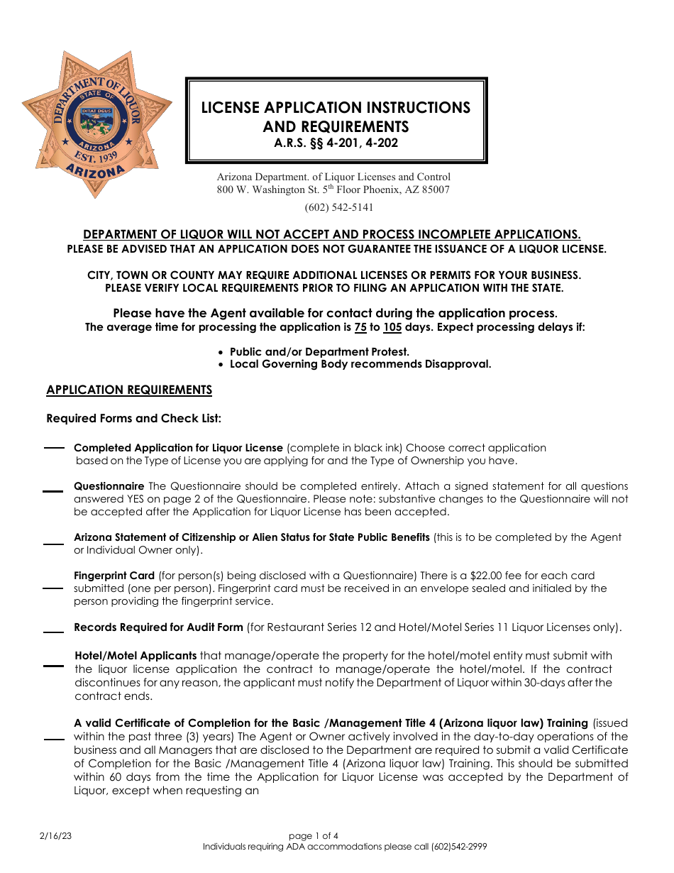 License Application Instructions and Requirements - Arizona, Page 1
